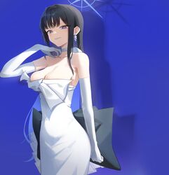  absurdres black_hair blue_archive blue_background blue_eyes blue_hair blue_halo breasts choker cleavage collarbone colored_inner_hair dress elbow_gloves female gloves grin halo highres large_breasts long_hair looking_at_viewer multicolored_hair nonoa official_alternate_costume saori_(blue_archive) saori_(dress)_(blue_archive) simple_background smile solo strapless strapless_dress white_choker white_dress white_gloves 