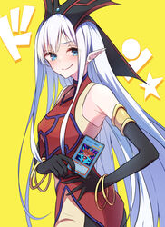  bangle bare_shoulders blue_eyes blush bracelet breasts card cyber_angel_idaten dress duel_monster elbow_gloves female gloves grey_hair headdress highres holding holding_card jewelry long_hair looking_at_viewer mosui_(kori_can) pointy_ears ruin_queen_of_oblivion simple_background smile solo very_long_hair yellow_background yu-gi-oh! 