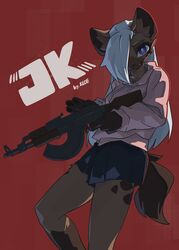  2024 ak-47 ak_platform alternative_fashion anthro assault_rifle bad_trigger_discipline bottomwear brown_body brown_fur clothed clothing cute_fangs digital_media_(artwork) female female_anthro fur gun hair hair_over_eye hi_res holding_gun holding_object holding_ranged_weapon holding_weapon hoodie hyena j-fashion jirai_kei jk_(el-k) kemono kloe_mone long_hair looking_at_viewer mammal one_eye_obstructed ranged_weapon red_background rifle simple_background skirt solo spotted_hyena tail tan_body tan_fur topwear weapon white_hair 