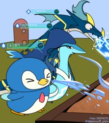  avian azurobe beak bird blue_body blue_hair blue_skin dawn_wolf flippers googly_eyes hair hi_res jormuntide korean_text orange_eyes pal_(species) palworld penguin pengullet planter pocketpair sea_monster silo text water white_body white_skin wings 