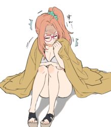  alternate_costume arm_on_knee bikini breasts closed_eyes dougi female glasses goeppe hand_on_own_knee jacket jacket_over_swimsuit knees_up long_hair on_floor orange_hair red-framed_eyewear sandals sekaiju_no_meikyuu sekaiju_no_meikyuu_3 sekaiju_no_meikyuu_hd shaking side_ponytail solo sweatdrop swimsuit white_bikini zodiac_(sekaiju) zodiac_5_(sekaiju) 