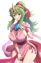  bracelet breasts circlet dress female fire_emblem fire_emblem_awakening fire_emblem_heroes gonzarez green_eyes green_hair highres jewelry large_breasts long_bangs long_hair official_alternate_costume open_mouth pink_dress pointy_ears ponytail short_dress simple_background solo tiki_(adult)_(fated_divinity)_(fire_emblem) tiki_(adult)_(fire_emblem) tiki_(fire_emblem) white_background wide_hips 