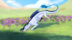  16:9 2022 2_horns acting_like_a_cat allium_(flower) alternate_species ambiguous_feral ambiguous_gender black_body black_fur claws cloud detailed_background digital_media_(artwork) digital_painting_(artwork) dragon dream_smp feet feral feralized flower fur furred_dragon furred_scalie genetic_chimerism green_pawpads horn long_tail membrane_(anatomy) membranous_wings mythological_creature mythological_scalie mythology nonbinary_(lore) noxeorn outside particles pawpads paws plant quadruped ranboo red_eyes scalie shaded sky solo tail tail_tuft tuft white_body white_fur widescreen wings 