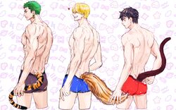  3boys ass black_eyes black_hair blonde_hair cropped_legs earrings eg_(eastg111) finger_heart fox_tail grabbing_another&#039;s_tail green_hair hair_over_one_eye heart highres jewelry looking_at_another looking_at_viewer male_focus male_underwear monkey_d._luffy monkey_tail multiple_boys one_piece open_mouth roronoa_zoro sanji_(one_piece) scar scar_on_cheek scar_on_face short_hair sideburns single_earring smile tail tiger_tail topless_male underwear underwear_only 