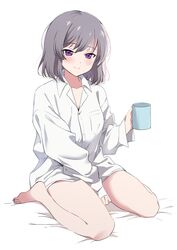  barefoot between_legs blush breast_pocket closed_mouth collared_shirt cup dot_nose feet female grey_hair hair_between_eyes hand_between_legs highres holding holding_cup idoly_pride kanzaki_rio long_sleeves looking_at_viewer medium_hair mug naked_shirt open_collar plum_(arch) pocket purple_eyes shirt simple_background sitting sleeves_past_wrists smile solo toes wariza white_background 