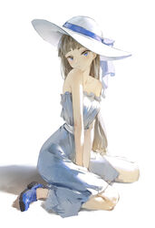  absurdres arms_between_legs bare_shoulders blue_eyes blue_footwear blush breasts brown_hair commentary dino_(dinoartforame) dress female hat hat_ribbon highres lawine_(sousou_no_frieren) long_hair looking_at_viewer ribbon simple_background sitting small_breasts solo sousou_no_frieren straight_hair strapless strapless_dress sun_hat very_long_hair wariza white_background white_dress 