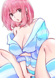  absurdres blue_pajamas blue_panties blue_socks breasts cleavage collarbone commentary_request eguchi_tomoka female highres kou_iu_no_ga_ii large_breasts looking_at_viewer off_shoulder open_mouth pajamas panties pink_eyes pink_hair short_hair simple_background sitting socks solo souryu striped_clothes striped_pajamas striped_socks thighs underwear white_background 