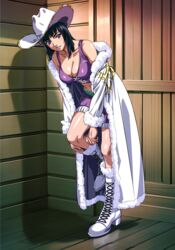  adjusting_footwear black_hair blue_eyes boots breasts cleavage coat collarbone commentary_request commission cowboy_hat crop_top cross-laced_footwear female full_body fur-trimmed_coat fur_trim hanadaka_moai hat highres knee_boots large_breasts long_coat looking_at_viewer medium_hair midriff nico_robin one_piece pixiv_commission purple_shorts shiny_skin shorts solo white_coat white_footwear wooden_floor wooden_wall 