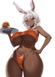  absurdres animal_ears breasts burger commentary commission dark-skinned_female dark_skin english_commentary female food hand_on_own_hip highleg highleg_panties highres holding holding_tray huge_breasts looking_at_viewer navel orange_panties original panties rabbit_ears rabbit_girl short_hair simple_background smile solo string_panties tank_top tray underboob underwear white_background white_hair wide_hips yan.c 