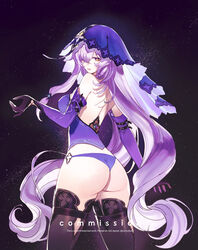  arm_belt ass backless_outfit bare_back bare_shoulders black_background black_gloves black_swan_(honkai:_star_rail) black_thighhighs commentary commission elbow_gloves female gloves honkai:_star_rail honkai_(series) long_hair looking_at_viewer no_pants panties parted_lips purple_hair purple_panties solo sumustard thighhighs thighs underwear veil very_long_hair yellow_eyes 