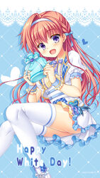  :d alternate_costume arisue_tsukasa blue_background blue_bow blue_wrist_cuffs blush bow character_name company_name drop_shadow eyes_visible_through_hair feet_out_of_frame female floating_hair frilled_skirt frilled_wrist_cuffs frills gift hair_between_eyes hairband hairbow hands_up happy happy_white_day heart heart-shaped_ornament highres holding holding_gift kin-iro_loveriche knees_together_feet_apart kuryuu_akane long_hair looking_at_viewer miniskirt official_art official_wallpaper open_mouth orange_hair puffy_short_sleeves puffy_sleeves purple_bow purple_eyes shiny_skin shirt short_sleeves simple_background single_hair_intake skirt smile solo thighhighs very_long_hair white_day white_hairband white_shirt white_skirt white_thighhighs wrist_cuffs zettai_ryouiki 