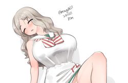  absurdres breasts closed_eyes commentary cosplay dated diagonal-striped_clothes diagonal-striped_neckerchief dress female grey_hair highres kantai_collection large_breasts libeccio_(kancolle) libeccio_(kancolle)_(cosplay) long_hair maru_(marg0613) neckerchief out-of-frame_censoring pola_(kancolle) sailor_dress simple_background sleeping sleeveless sleeveless_dress solo striped_clothes striped_neckerchief thick_eyebrows twitter_username white_background white_dress 