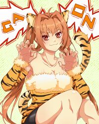  absurdres ahoge animal_ear_fluff animal_ears animal_print breasts claw_pose cleavage closed_mouth eiyuu_densetsu english_commentary estelle_bright fake_animal_ears fake_tail fangs female fur-trimmed_shirt fur_trim green_background highres large_breasts long_hair looking_at_viewer orange_hair red_eyes shirt simple_background sitting smile solo sora_no_kiseki strapless strapless_shirt tail tiger_ears tiger_print twintails yuzukiyo 