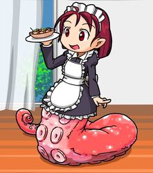  akai animal_humanoid bottomless cephalopod cephalopod_humanoid clothed clothing female food hair humanoid hybrid inside legless maid_headdress maid_uniform marine marine_humanoid mollusk mollusk_humanoid octopus_humanoid octopus_taur red_eyes red_hair solo takoyaki taur tentacle uniform what 