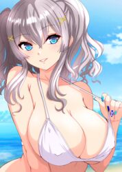  bikini blue_eyes blue_sky breasts cloud day female grey_hair hair_ornament highres kantai_collection kashima_(kancolle) large_breasts long_hair looking_at_viewer nail_polish naval_flag nitamako_(sakamalh) outdoors sky smile solo swimsuit twintails wavy_hair white_bikini x_hair_ornament 