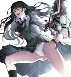  absurdres amachu_a amputee black_hair chainsaw_man cross_scar dress female fourth_east_high_school_uniform hashtag-only_commentary highres holding holding_sword holding_weapon looking_at_viewer panties pantyshot pinafore_dress ringed_eyes scar scar_on_cheek scar_on_face scar_on_nose school_uniform simple_background sleeveless sleeveless_dress solo sword underwear weapon white_background white_panties yoru_(chainsaw_man) 