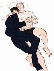  2boys akaashi_keiji arm_around_shoulder barefoot bed_sheet black_hair bokuto_koutarou boxers chengongzi123 closed_eyes closed_mouth commentary english_commentary foot_out_of_frame grey_hair groin haikyuu!! highres holding_hands lying male_focus male_underwear midriff_peek multicolored_hair multiple_boys on_back open_mouth pajamas pillow plaid_pajamas saliva shirt short_hair short_sleeves simple_background sleeping streaked_hair t-shirt underwear very_short_hair white_background white_shirt yaoi 