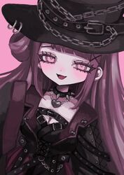  black_collar black_hat black_jacket blunt_bangs breasts chains cleavage collar commission female hair_ornament hat hat_belt hat_chain heart heart_necklace highres jacket jewelry long_hair looking_at_viewer necklace open_mouth original pink_background pink_eyes purple_hair shiona_(siona0625) skeb_commission smile solo spiked_collar spikes straight_hair upper_body x_hair_ornament 