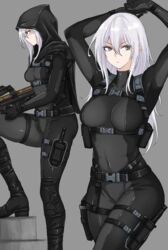  absurdres arms_up bodysuit breasts bullet_line bullpup commentary female fuku_(fuku12290574) grey_background grey_eyes gun highres holding holding_gun holding_weapon hood hood_up long_hair medium_breasts military multiple_views original p90 simple_background submachine_gun weapon white_hair 