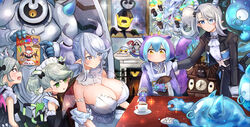  1boy 5girls absurdres arianna_the_labrynth_servant arianne_the_labrynth_servant arias_the_labrynth_butler blush breasts butler cleavage demon_girl demon_horns demon_wings dress duel_monster female_butler gloves grey_eyes grey_hair hatano_kiyoshi highres holding horns knight_(yu-gi-oh!) labrynth_archfiend labrynth_chandraglier labrynth_cooclock labrynth_stovie_torbie lady_labrynth_of_the_silver_castle large_breasts laundry_dragonmaid leotard leotard_under_clothes lovely_labrynth_of_the_silver_castle low_wings multiple_girls multiple_wings ojou-sama_pose pointy_ears smile tail transparent_wings twintails white_hair white_horns wings yu-gi-oh! 