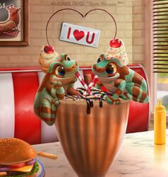  2024 amazon_milk_frog ambiguous_gender amphibian beverage blinds blue_eyes brown_body burger candy cheese cherry chocolate chocolate_sauce comically_large_object container cup dairy_products dessert detailed detailed_food digital_media_(artwork) digital_painting_(artwork) diner drinking_straw duo feral food frog fruit goblet green_body heart_symbol inside lettuce looking_at_another meat micro milkshake mustard_bottle onion piper_thibodeau plant restaurant sharing sharing_beverage sharing_milkshake smile sprinkles text tomato tree_frog vegetable whipped_cream white_body window yellow_eyes 