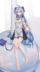  absurdres ahoge barefoot bell black_skirt blue_hair breasts chinese_commentary commentary cowbell dress feet female ganyu_(genshin_impact) ganyu_(heytea)_(genshin_impact) genshin_impact goat_horns highres horns knees_together_feet_apart legs light_blue_hair long_hair looking_at_viewer medium_breasts neck_bell official_alternate_costume pleated_skirt purple_bag purple_eyes qixia skirt smile solo tassel toenails toes very_long_hair wavy_hair white_dress 