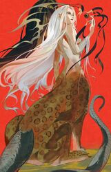  breasts centauroid chimera daxing_jia_quan female from_behind from_below grey_eyes hair_flowing_over haku_sanshi hashtag-only_commentary highres juuni_kokuki leopard_girl lizard_tail long_hair looking_to_the_side monster_girl multiple_views nude orb parted_bangs red_background sitting tail taur very_long_hair white_hair 