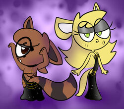  ana_(cutefurryfan) anthro backless_dress bedroom_eyes black_clothing black_dress brenda_(cutefurryfan) brown_body brown_fur canid canine clothing cutefurryfan draw_your_ocs_in_this_challenge dress duo female fox fur hollow_hip_backless_chain_dress hybrid mammal meme narrowed_eyes pinup pose procyonid raccoon rodent sciurid seductive toony tree_squirrel yellow_body yellow_fur 