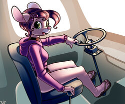  2024 5_toes anthro blep bus clothing commercial_vehicle feet female flip_flops footwear hi_res hoodie humanoid_feet inside_bus inside_vehicle maisie_whisk mammal mouse murid murine plantigrade rodent sandals solo steering_wheel toes tongue tongue_out topwear vehicle wick_(artist) 