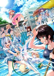  6+girls ahoge amane_kanata angel angel_wings animal_ear_fluff animal_ear_piercing animal_ears aqua_sailor_collar arched_bangs barefoot belt bibi_(tokoyami_towa) binoculars black_hair black_skirt blonde_hair blue_eyes blue_hair braid breasts broom brown_hair bucket buru-dai cloud collarbone commentary_request crossed_legs day dog_ears dog_girl dog_tail double_bun empty_pool fallen_down feathered_wings flower fox_ears fox_girl green_eyes grey_hair hair_bun hair_flaps hair_flower hair_ornament halo highres holding holding_binoculars holding_clothes holding_hose holohoneygaoka_high_school_uniform holohoneygaoka_koukou hololive horns hose innertube inugami_korone jumping laughing lion_ears lion_girl lion_tail long_hair medium_hair momosuzu_nene multicolored_hair multiple_girls murasaki_shion natsuiro_matsuri official_alternate_costume omaru_polka one-piece_swimsuit one_side_up oozora_subaru outdoors pencil_skirt pink_hair pleated_skirt pool puffy_short_sleeves puffy_sleeves purple_eyes purple_hair sailor_collar school school_swimsuit school_uniform serafuku sheep_girl sheep_horns shirogane_noel shirt shishiro_botan short_hair short_sleeves sidelocks single_hair_intake sitting skirt skirt_rolled_up sleeves_rolled_up smile splashing squatting standing star_(symbol) star_hair_ornament star_halo streaked_hair swept_bangs swim_ring swimsuit tail tokino_sora tokoyami_towa tsunomaki_watame twin_braids twintails two_side_up virtual_youtuber wading white_belt white_serafuku white_shirt wings 