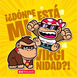  1:1 5_fingers 5_toes angry artist_name bandana belt brown_body brown_fur clothing donkey_kong_(character) donkey_kong_(series) duo eyewear feet feral fingers funky_kong fur haplorhine headkerchief hi_res humor kerchief lol_comments lolo_aburto male mammal monkey nintendo pattern_headkerchief pattern_kerchief primate red_headkerchief red_kerchief simple_background spanish_text spotted_headkerchief spotted_kerchief sunglasses text toes yellow_background 