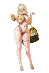  absurdres alternate_costume bag bikini blonde_hair blush breasts can chochomi colored_inner_hair elegg_(nikke) female full_body goddess_of_victory:_nikke hair_intakes highres holding holding_can looking_at_viewer multicolored_hair navel o-ring o-ring_bikini open_mouth purple_eyes short_hair simple_background slingshot_swimsuit smile solo standing stomach string_bikini swimsuit thick_thighs thigh_strap thighs toes underboob wet white_background yellow_bag yellow_bikini yellow_slingshot_swimsuit 