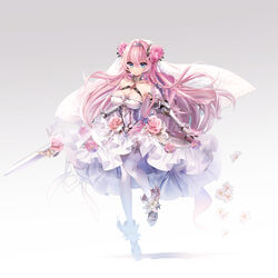  armpits bare_shoulders blue_eyes breasts bridal_veil cleavage commentary_request dress epic_seven female floating_hair flower frills fulunukko gauntlets hair_between_eyes hair_flower hair_ornament highres holding holding_sword holding_weapon long_hair looking_at_viewer medium_breasts pantyhose pink_hair sidelocks simple_background solo sword tenebria_(epic_seven) veil weapon white_background white_dress white_pantyhose 