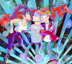  bender_bending_rodr&iacute;guez boots bottomwear breasts cleavage clothed clothing comedy_central cyclops denim denim_bottomwear denim_clothing female footwear futurama group hair happy human jacket jeans machine male mammal missneens pants philip_j._fry purple_hair red_clothing red_jacket red_topwear robot signature smile topwear trio turanga_leela 