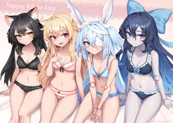  4girls ahoge animal_ear_fluff animal_ears bandage_over_one_eye bandaged_head bandages bikini black_bikini black_hair blonde_hair blue_bikini blue_eyes blue_hair bow bow_bikini breasts brown_eyes cat_ears cat_girl cleavage doll_joints ear_tag expressionless hairbow hand_on_own_chest highres joints little_witch_nobeta long_hair monica_(little_witch_nobeta) multiple_girls navel nobeta official_art oopartz_yang open_mouth pale_skin phyllis_(human)_(little_witch_nobeta) phyllis_(little_witch_nobeta) rabbit_ears rabbit_girl red_eyes ribbon sitting slit_pupils small_breasts smile striped_bikini striped_clothes swimsuit tania_(little_witch_nobeta) thigh_gap thighs two_side_up very_long_hair white_day 