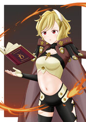  alternate_costume blonde_hair book citrinne_(fire_emblem) feather_hair_ornament feathers female fire_emblem fire_emblem_engage hair_ornament highres holding holding_book midriff navel niwaka_(nininiwawaka) red_eyes sage_outfit_(fire_emblem_engage) solo wing_hair_ornament 