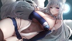  animal_ear_fluff animal_ears ass_visible_through_thighs azur_lane bare_shoulders big_hair black_thighhighs blue_bridal_gauntlets blue_eyes blue_leotard blue_skirt breasts cleavage covered_navel covered_nipples cowboy_shot double-parted_bangs dutch_angle female fox_ears fox_girl fox_shadow_puppet fox_tail full_moon groin hand_on_own_thigh hand_up head_tilt highleg highleg_leotard highres hip_bones kitsune large_breasts leotard light_blush light_particles long_hair looking_at_viewer microskirt moon multiple_tails night night_sky official_alternate_costume outdoors parted_lips race_queen see-through see-through_leotard shinano_(azur_lane) shinano_(moonlit_chrome)_(azur_lane) skirt sky solo spaghetti_strap standing star_(sky) starry_sky tail thick_thighs thigh_gap thighhighs thighs two-tone_leotard twt_vv202 underboob very_long_hair wavy_hair white_hair white_leotard 