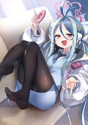  antenna_hair black_pantyhose blue_archive blue_hair blue_necktie blue_skirt blue_vest blush collared_shirt commentary ddolggol doughnut feet female food fubuki_(blue_archive) grey_hair hair_ornament halo highres holding holding_food long_hair long_sleeves multicolored_hair necktie no_shoes oerba_yun_fang open_mouth pantyhose pink_halo red_eyes shirt skin_fang skirt smile soles solo toes twintails vest white_shirt 