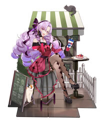  :d animal bare_shoulders black_footwear black_gloves black_thighhighs breasts crossed_legs cup dress drill_hair feline female food fork garter_straps gloves hairband hand_on_own_cheek hand_on_own_face high_heels highres hyakumantenbara_salome hyakumantenbara_salome_(1st_costume) long_hair looking_at_viewer menu_board mizukiyan nijisanji open_mouth plate puffy_sleeves purple_dress purple_eyes purple_hair see-through sitting smile solo tart_(food) tattoo thighhighs virtual_youtuber 