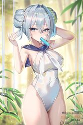  artist_name azur_lane casual_one-piece_swimsuit covered_navel double_bun female food food_in_mouth hair_bun hair_intakes hands_up highleg highleg_swimsuit highres hwansang_jungdog jade_(a_lick_of_summer)_(azur_lane) jade_(azur_lane) neckerchief official_alternate_costume one-piece_swimsuit pink_hair popsicle sailor_collar swimsuit white_neckerchief white_one-piece_swimsuit 