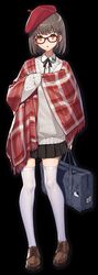  artist_request bag beret black_background brown_footwear brown_hair female game_cg hat highres holding holding_bag mahjong_soul ninomiya_hana official_art open_mouth pleated_skirt red_hat simple_background skirt solo standing sweater tachi-e thighhighs third-party_source yellow_eyes 