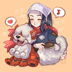  akari_(pokemon) bad_id bad_pixiv_id black_hair black_undershirt blush brushing claws closed_eyes commentary_request eyelashes fangs female galaxy_expedition_team_survey_corps_uniform head_scarf heart hisuian_growlithe holding holding_brush jacket long_hair musical_note open_mouth orange_background pokemon pokemon_(creature) pokemon_legends:_arceus red_scarf scarf sidelocks sitting smile spoken_heart spoken_musical_note strawbanna toes tongue tongue_out white_headwear 