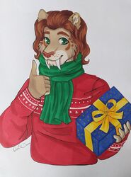  5_fingers anthro christmas clothed clothing extinct felid fingers fur gesture gift green_eyes hair half-length_portrait hand_gesture hi_res holidays homotherium looking_at_viewer machairodontinae machairodus_aphanistus male mammal portrait prehistoric_species q-nik saber-toothed_tiger scarf smile solo sweater thumbs_up topwear wasmundt_bierman 