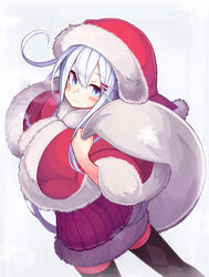  bad_id bad_pixiv_id black_thighhighs blue_eyes blush capelet christmas closed_mouth commentary female hair_between_eyes hat hibiki_(kancolle) highres kantai_collection long_hair pleated_skirt red_capelet red_skirt reitou_mikan revision sack santa_costume santa_hat simple_background skirt smile solo thighhighs white_hair 