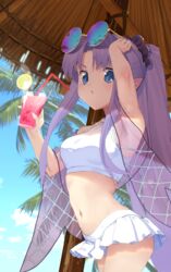  absurdres armpits bikini blue_eyes blue_hair capelet cup eyewear_on_head fate/grand_order fate_(series) female highres holding holding_cup long_hair looking_at_viewer medea_(lily)_(fate) nanao_(aoyamahikari) palm_tree pointy_ears ponytail see-through skirt solo sunglasses swimsuit tree 