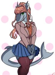  accessory anthro azzydrawsstuff blue_body bottomwear breast_squish breasts brown_hair clothed clothing doki_doki_literature_club! female fish green_eyes hair hair_accessory hair_ribbon hi_res legwear long_hair marine monika_(doki_doki_literature_club!) non-mammal_breasts pleated_skirt ribbons school_uniform shark simple_background skirt smile smiling_at_viewer solo squish tail_under_skirt team_salvato thigh_highs uniform 