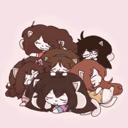  1:1 blush brown_hair canid canine closed_eyes clothed clothed_feral clothing dog_pile felid feline feral fur group hair low_res mammal simple_background sumechiayuu tem temmie_(undertale) undertale undertale_(series) white_body white_fur 