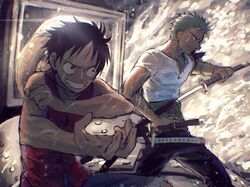  2boys black_hair commentary from_side green_hair hat highres holding holding_sword holding_weapon katana male_focus monkey_d._luffy multiple_boys one_piece roronoa_zoro sheath short_hair straw_hat sword tattoo teeth unsheathing urasanmyaku weapon 