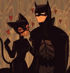  1boy :3 :d auri_(xoauri) batman batman_(series) belt black_belt black_bodysuit black_cape blush bodysuit bruce_wayne cape cat_tail catwoman clenched_hands dark-skinned_female dark_skin dc_comics female heart highres looking_to_the_side mask selina_kyle signature smile straight superhero_costume tail the_batman_(2022) triangle_mouth utility_belt 