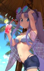  absurdres armpits bikini blue_eyes blue_hair capelet cup eyewear_on_head fate/grand_order fate_(series) female highres holding holding_cup long_hair looking_at_viewer medea_(lily)_(fate) nanao_(aoyamahikari) palm_tree pointy_ears ponytail see-through shorts solo sunglasses swimsuit tree 